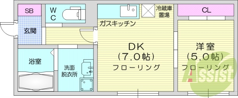 1LDK、エアコン、ガスリミット、独立洗面台、ガス暖房