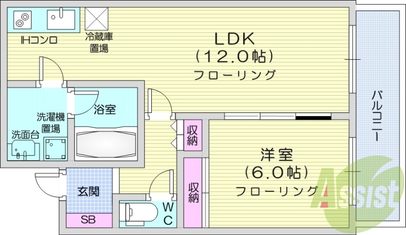 1LDK、IHクッキングヒーター、シャワートイレ