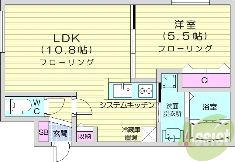 1LDK、都市ガス、エアコン、システムキッチン、独立洗面台
