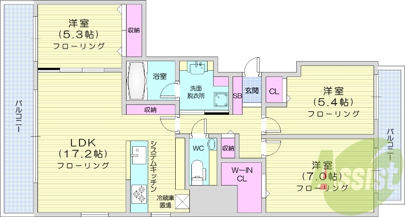 3LDK、都市ガス、追い焚き、浴室乾燥機、システムキッチン