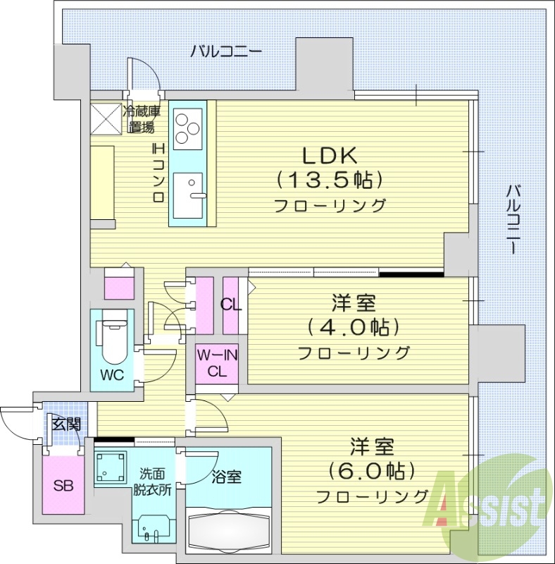 2LDK、分譲、都市ガス、システムキッチン
