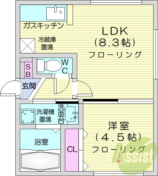 1LDK、角部屋、最上階、対面式キッチン、オートロック