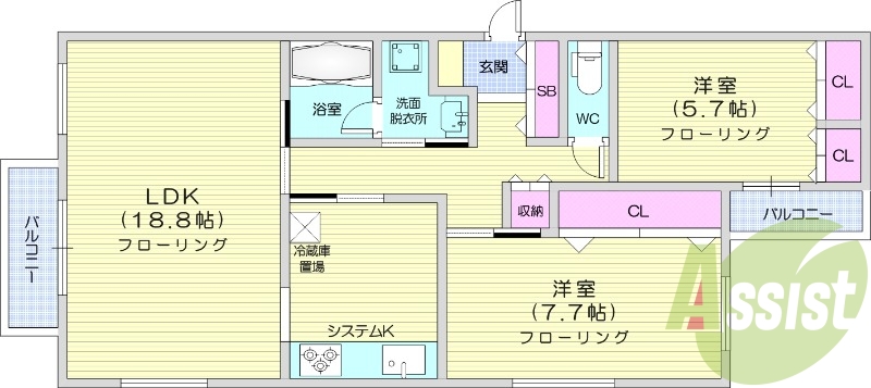 2LDK、都市ガス、エアコン、角部屋、オートロック