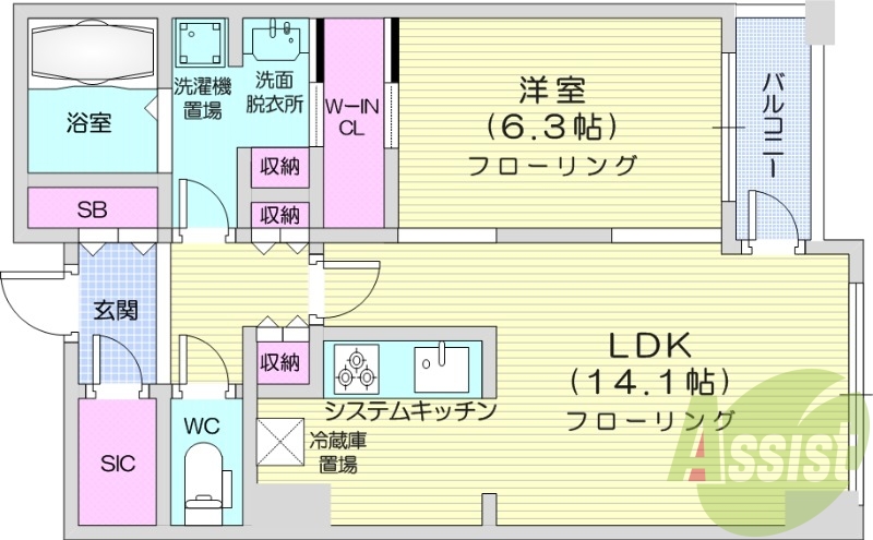 1LDK、眺望良好、バルコニー、システムキッチン