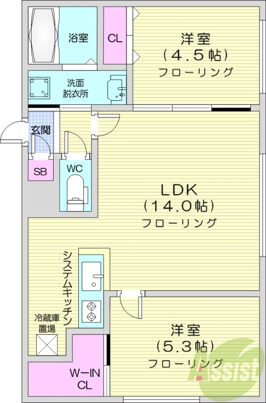 2LDK、エアコン、システムキッチン、灯油暖房、独立洗面台