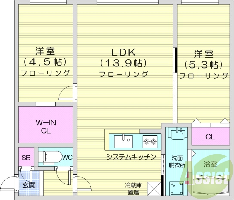 2LDK、エアコン、システムキッチン、灯油暖房、独立洗面台