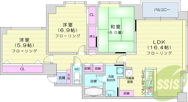 3LDK、分譲賃貸、システムキッチン、都市ガス