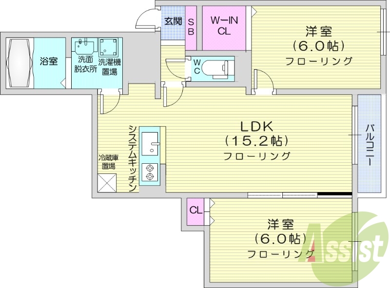 2LDK、都市ガス、ネット無料、システムキッチン