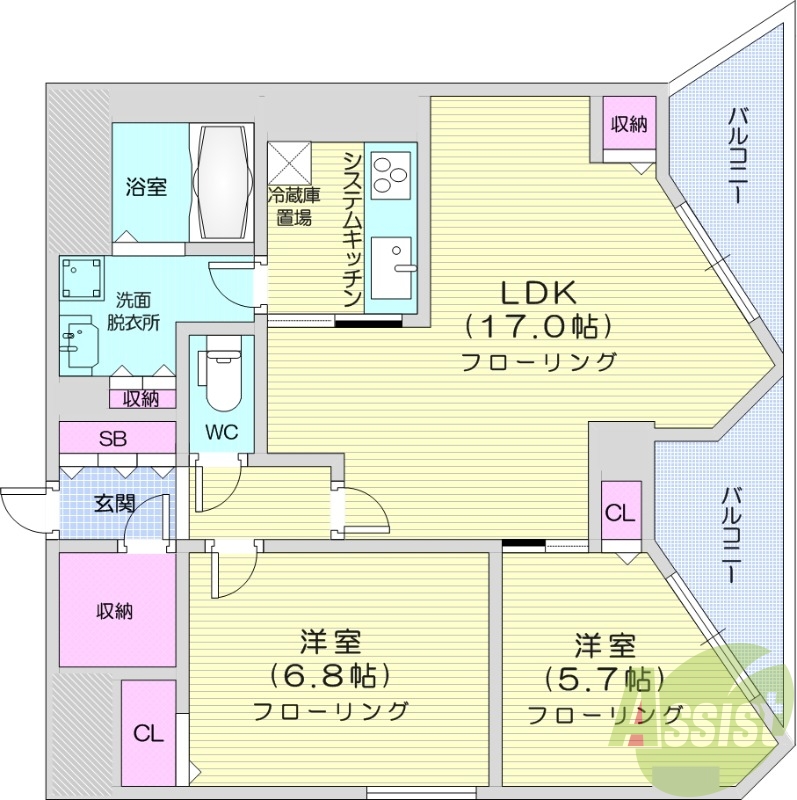 2LDK、システムキッチン、エアコン、追い焚き