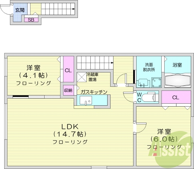 2LDK、追い焚き、浴室乾燥、独立洗面台、灯油暖房