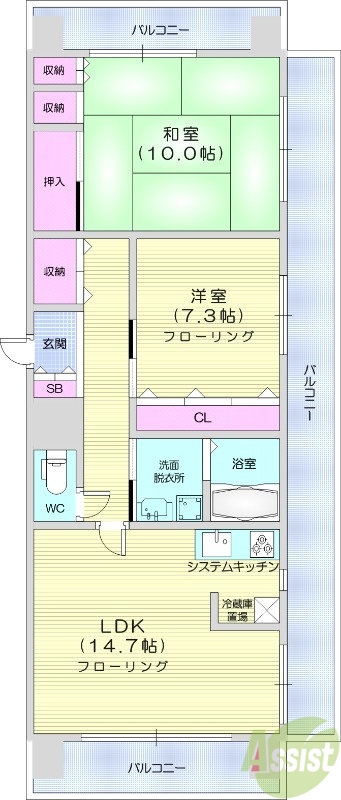 2LDK、都市ガス、オートロック、システムキッチン