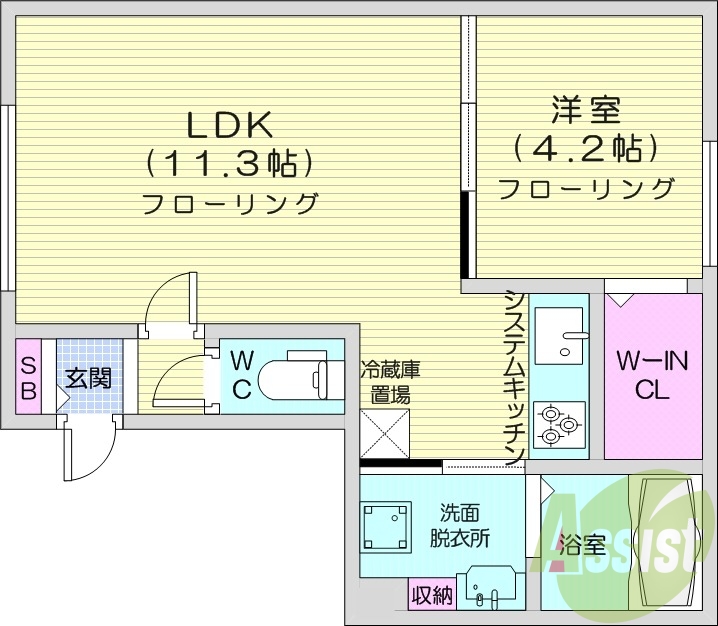 1LDK、エアコン、ペット飼育可、システムキッチン
