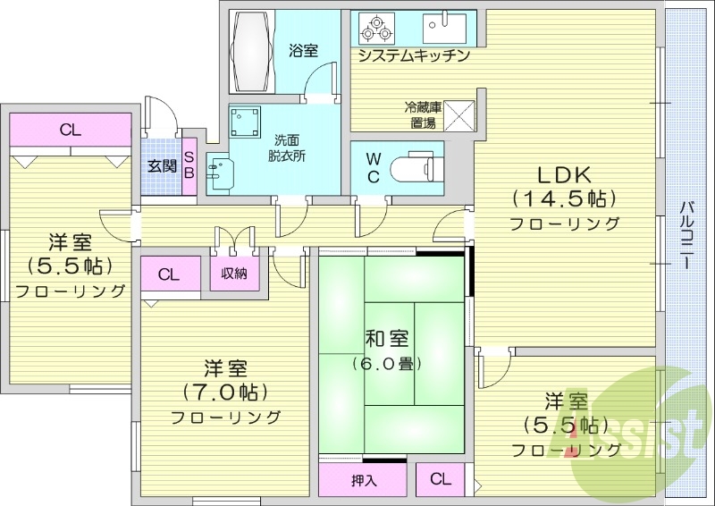 4LDK、都市ガス、システムキッチン、独立洗面台