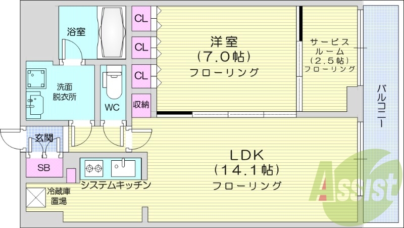 1SLDK、都市ガス、追い焚き、浴室乾燥機、システムキッチン