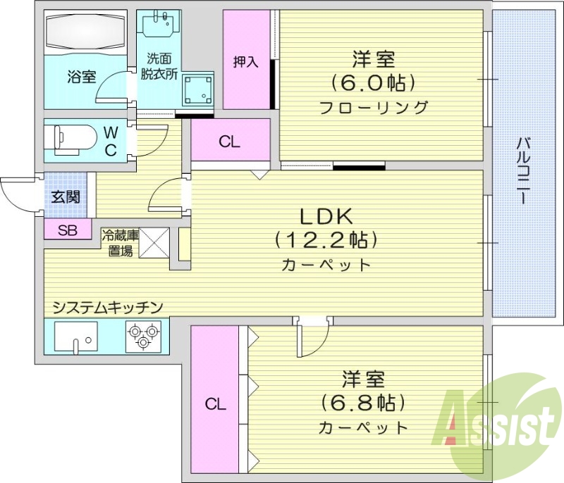 2LDK、バルコニー、システムキッチン、バストイレ別