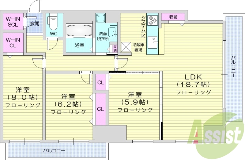3LDK、床暖房、オートロック、ペット可、都市ガス