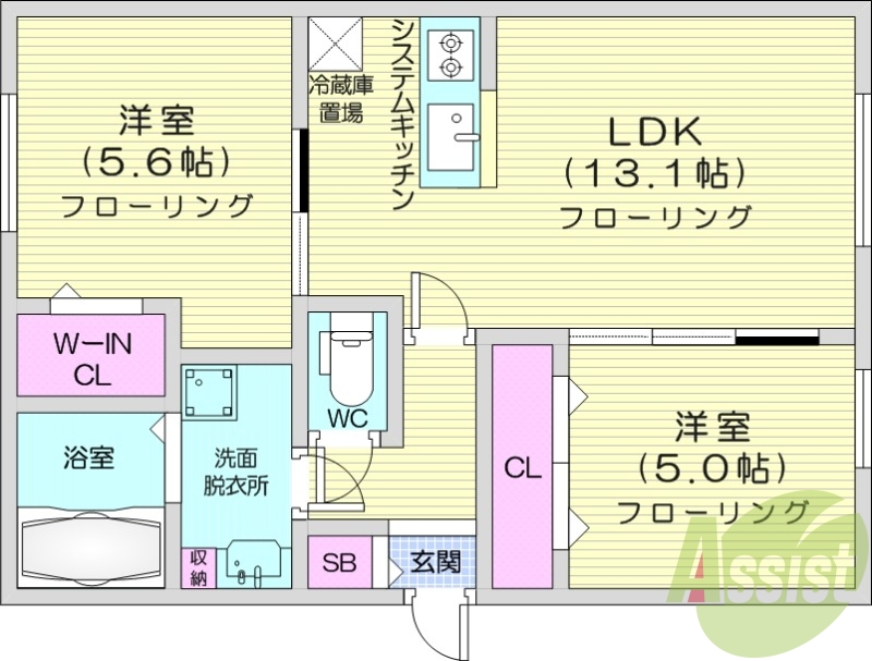 2LDK、システムキッチン、エアコン、独立洗面台