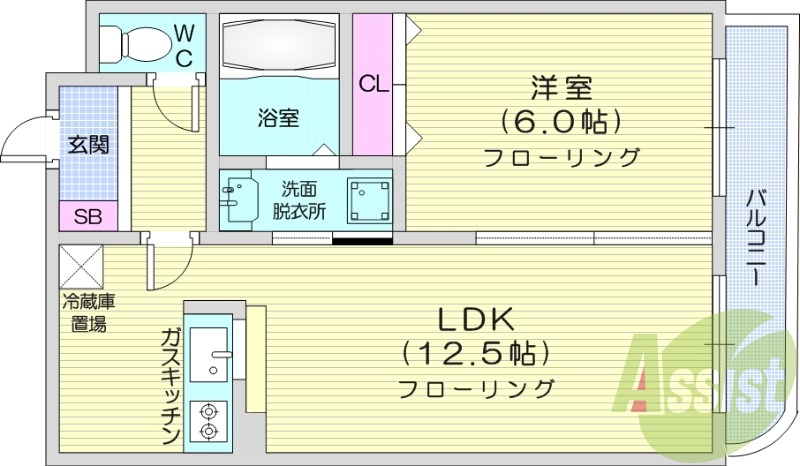 1LDK、対面キッチン、灯油暖房、バルコニー