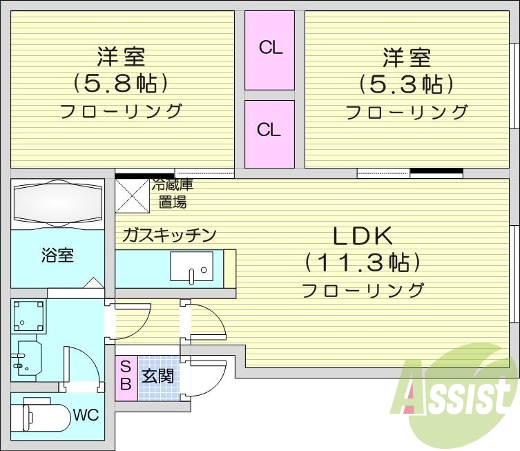 2LDK、南向き、灯油FF暖房、シャンプードレッサー