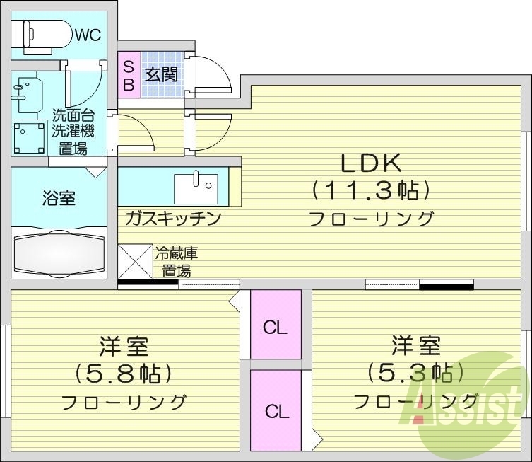 2LDK、南向き、灯油FF暖房、シャンプードレッサー