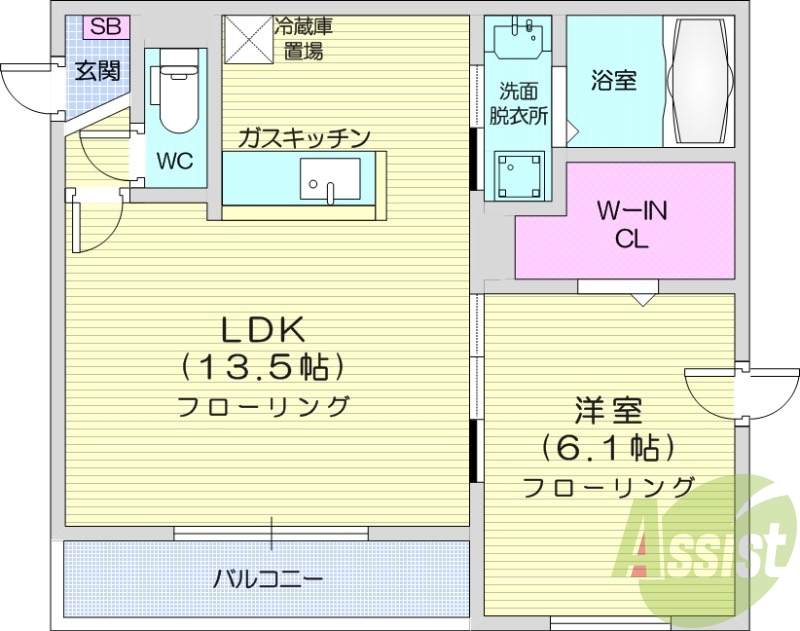 1LDK、都市ガス、エアコン、ガス暖房、ネット無料