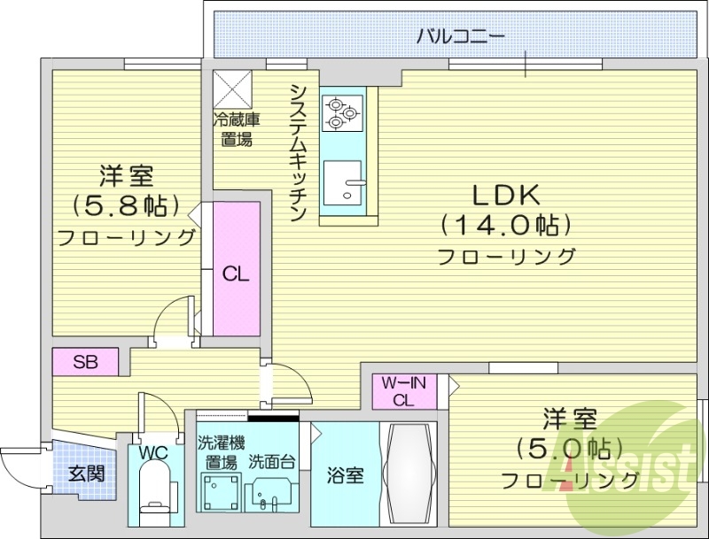 2LDK、都市ガス、一坪バス、ペット飼育可