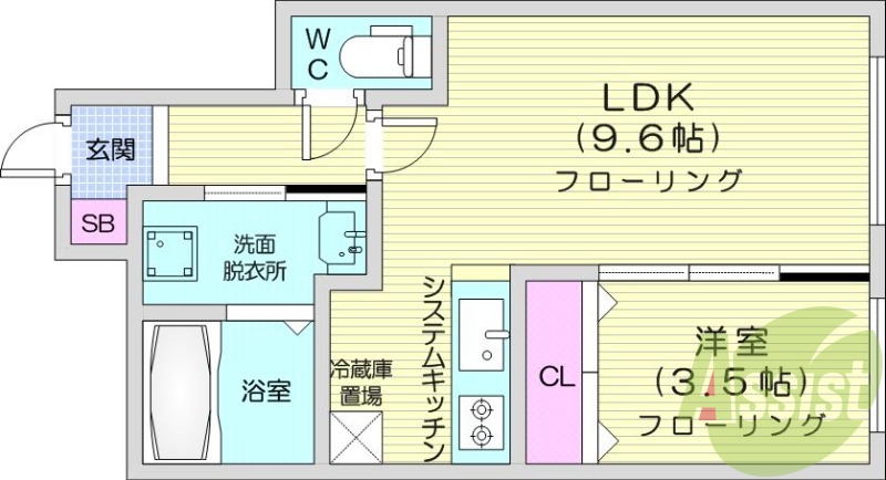 1LDK、都市ガス、エアコン、システムキッチン