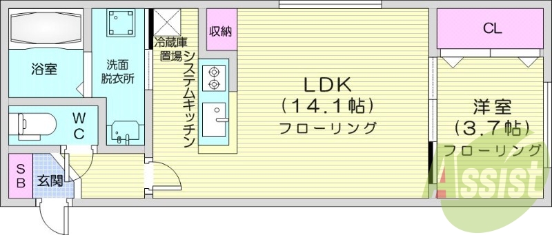 1LDK、都市ガス、エアコン、システムキッチン