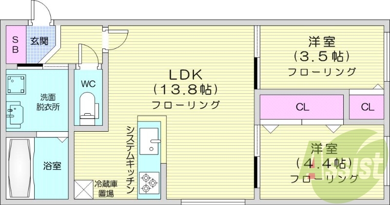 2LDK、都市ガス、エアコン、システムキッチン