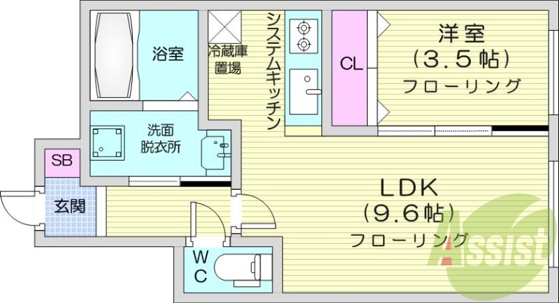 1LDK、都市ガス、エアコン、システムキッチン