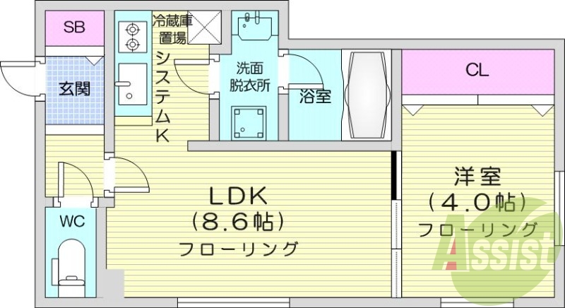 1LDK、都市ガス、システムキッチン、エアコン