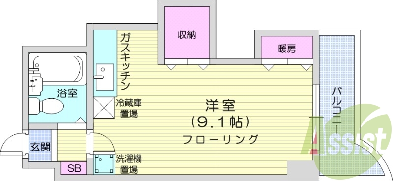 1R、灯油暖房、独立洗面台、ガスキッチン、家電付き