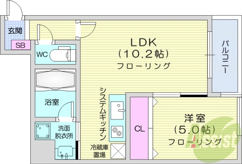 1LDK、角部屋、システムキッチン、灯油暖房