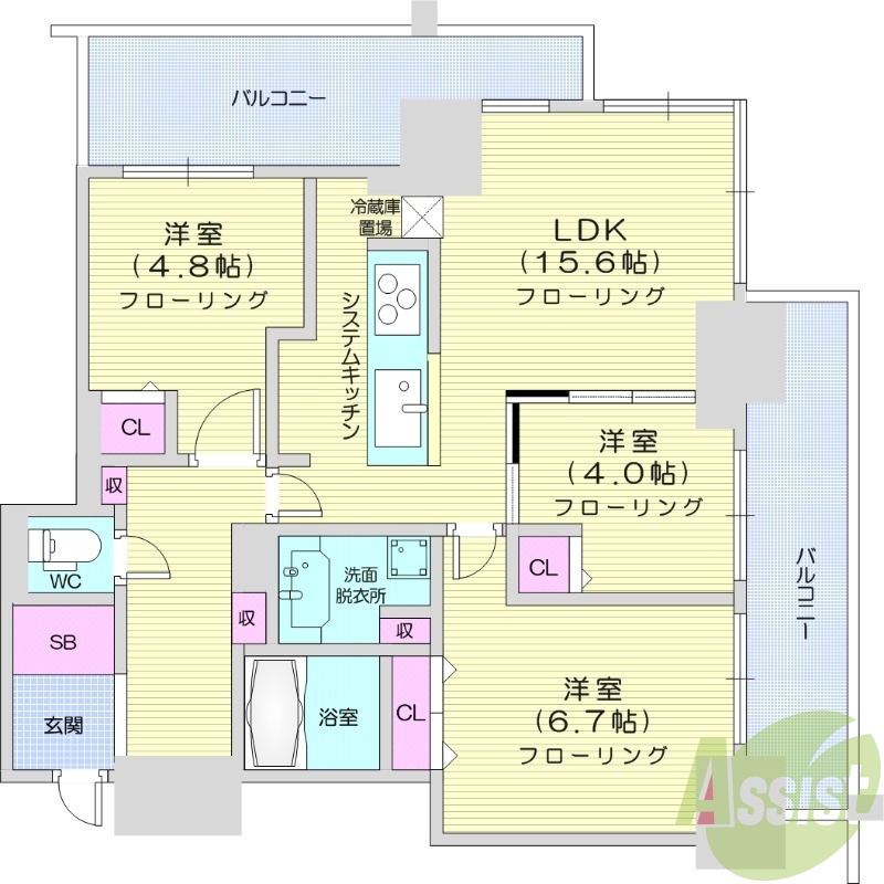 3LDK、分譲賃貸、床暖房、エアコン、食洗器、追い焚き