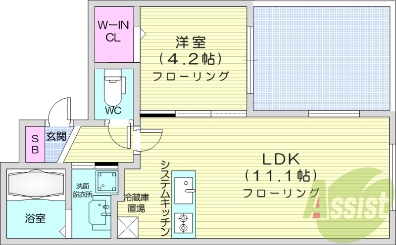 1LDK、都市ガス、角部屋、オートロック、ガス暖房