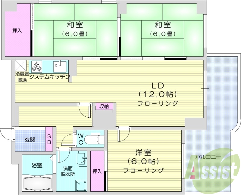 3LDK、都市ガス、システムキッチン、