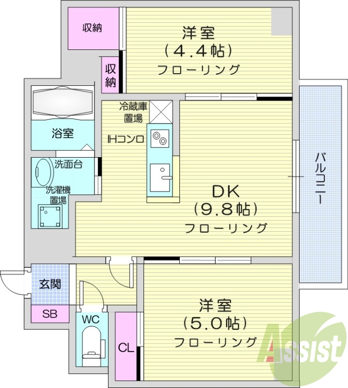 2LDK、オール電化、角部屋、システムキッチン