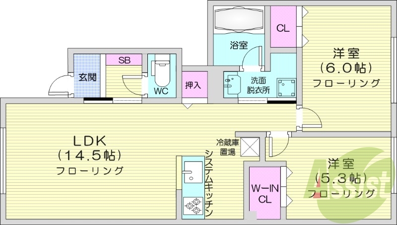 2LDK、エアコン、システムキッチン、独立洗面台