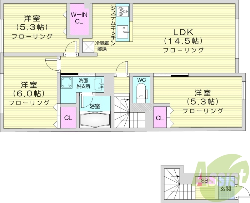 3LDK、エアコン、システムキッチン、独立洗面台
