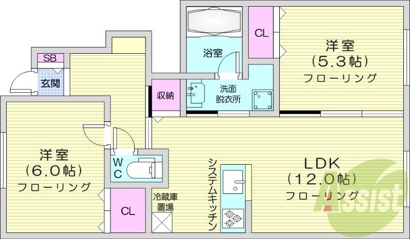 2LDK、エアコン、システムキッチン、独立洗面台