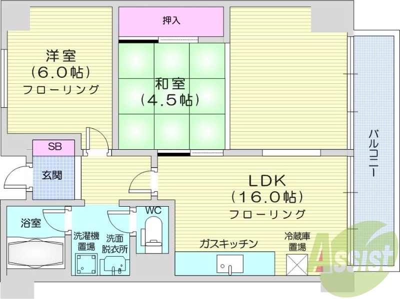 2LDK、分譲タイプ、都市ガス、バルコニー