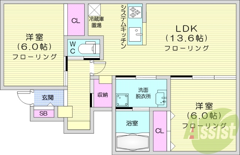 2LDK、エアコン、システムキッチン、独立洗面台