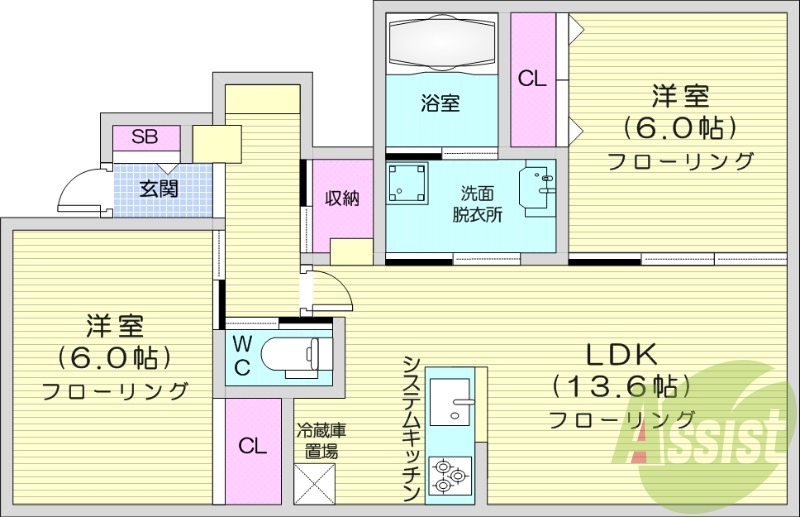 2LDK、エアコン、システムキッチン、独立洗面台