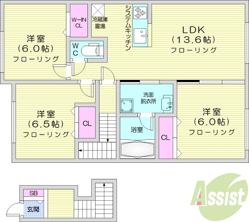 2LDK、エアコン、システムキッチン、独立洗面台