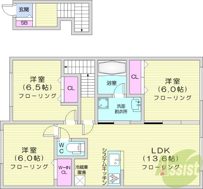 2LDK、エアコン、システムキッチン、独立洗面台