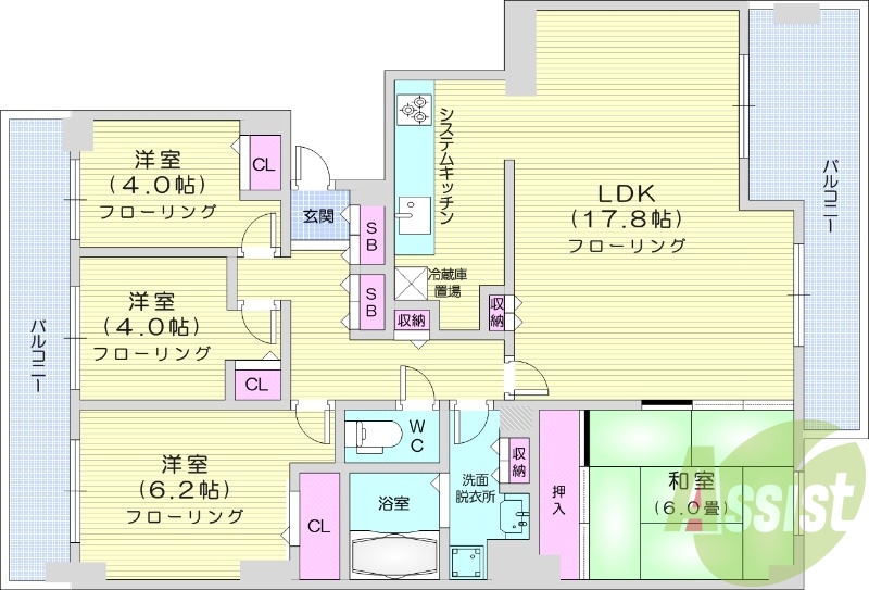 4LDK、分譲、都市ガス、エアコン、システムキッチン