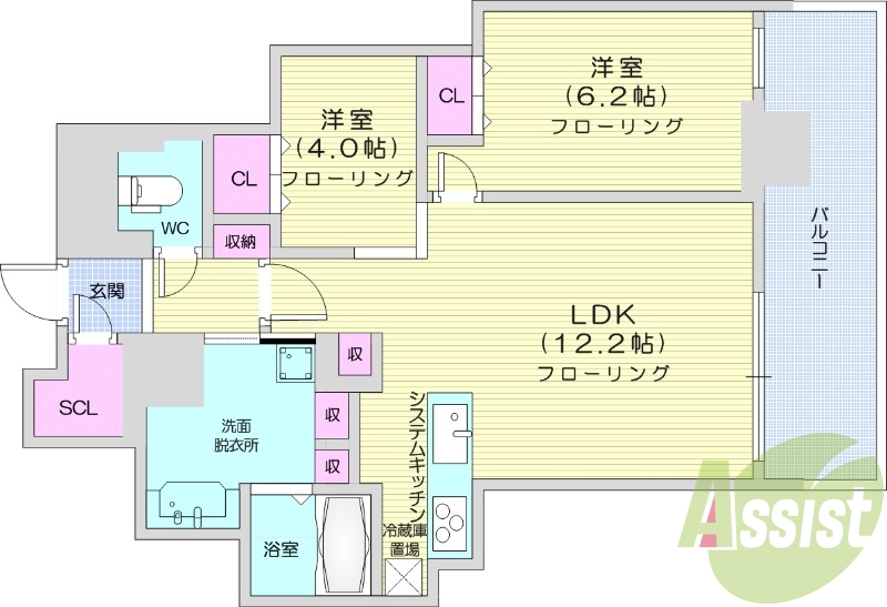 2LDK、都市ガス、エアコン、システムキッチン、独立洗面台
