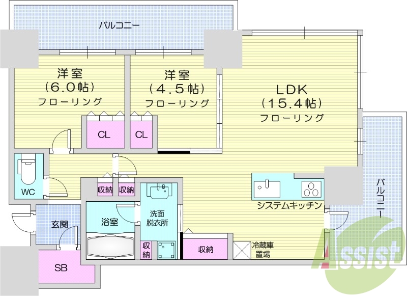 2LDK、都市ガス、エアコン、システムキッチン