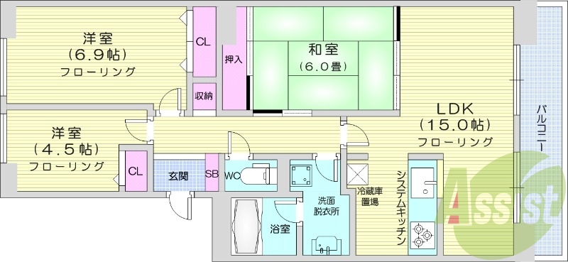 3LDK、都市ガス、システムキッチン、独立洗面台、追い焚き
