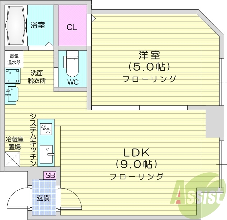 1LDK、オール電化、独立洗面台、モニタ付きインターホン
